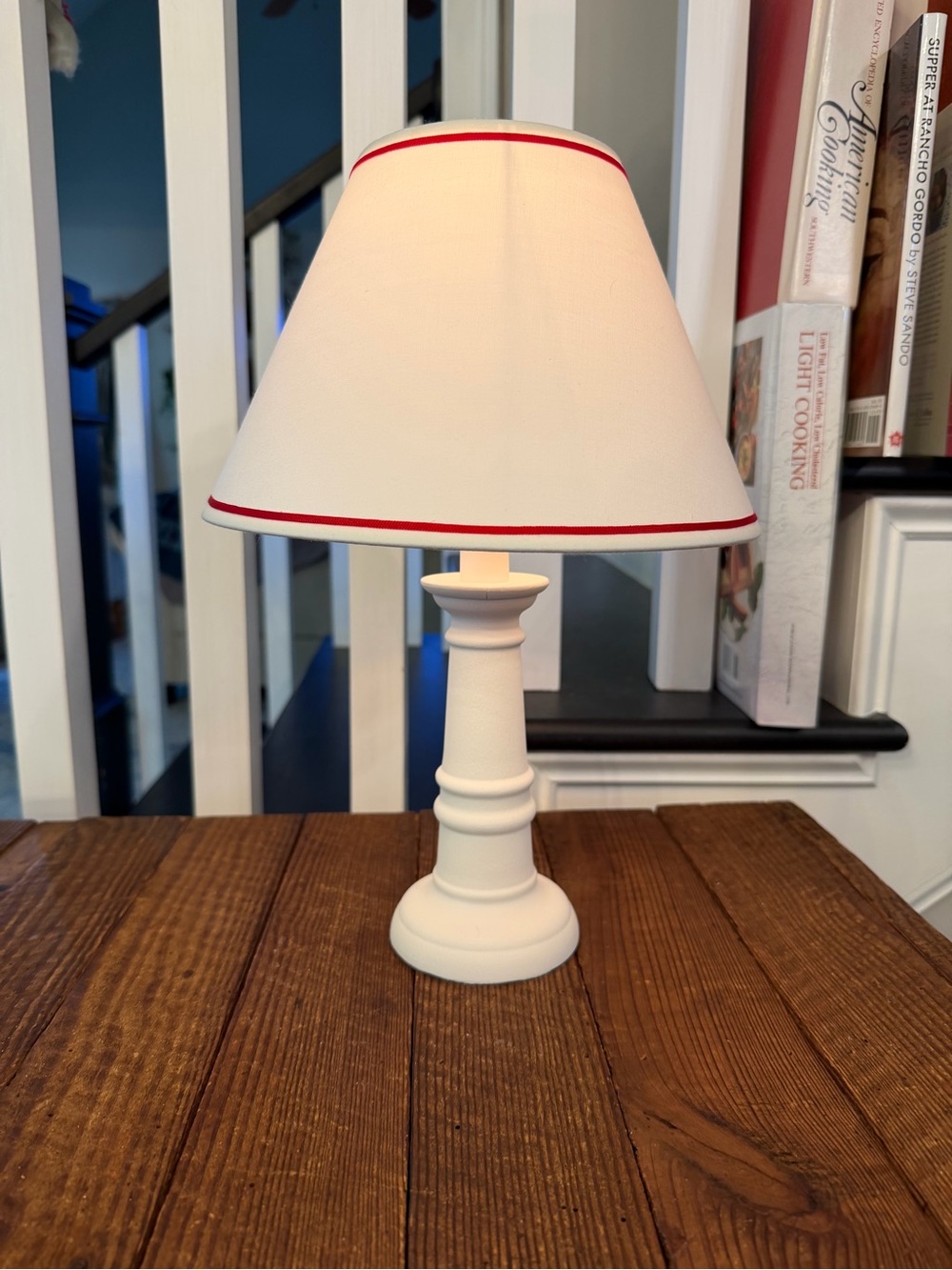 Small White Table Lamp with Red-Trim Shade